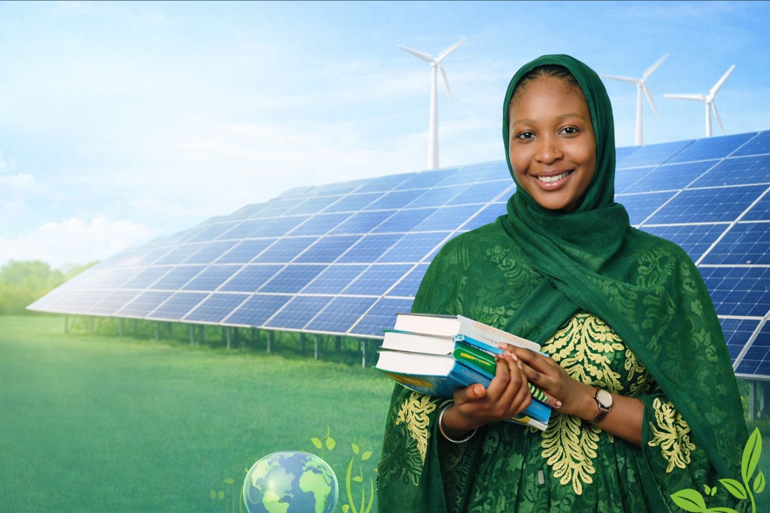 A postgraduate student of the Amina Mohammed Centre for Climate Change holding books, with a solar array and wind turbines behind her