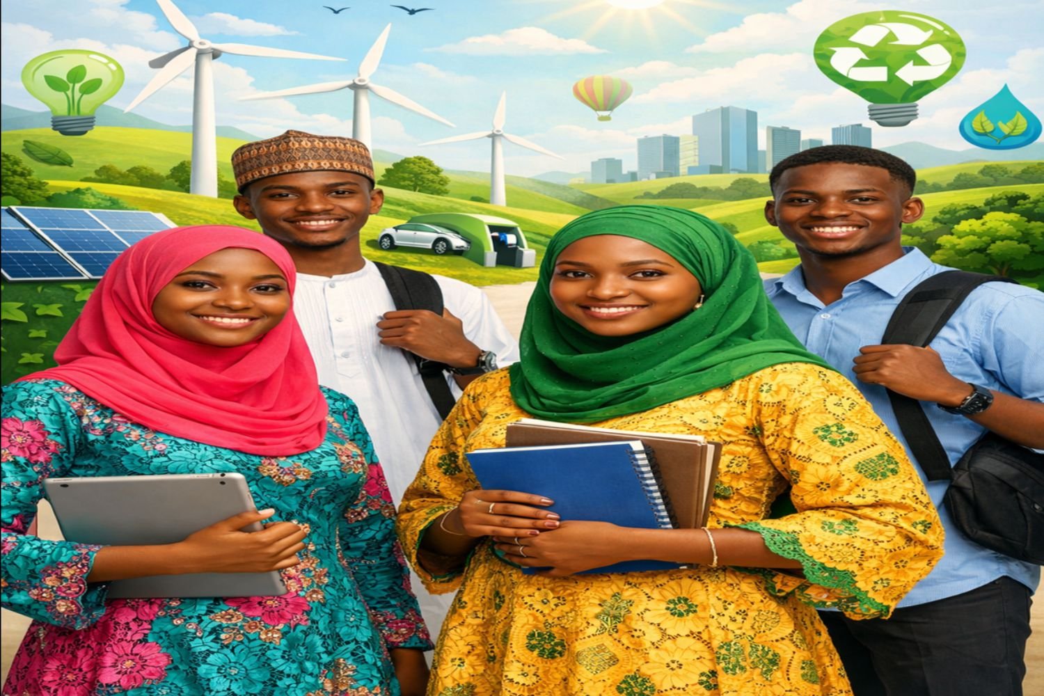 Four AM3C students with wind turbines, solar panels, an electric vehicle and green-energy icons behind them
