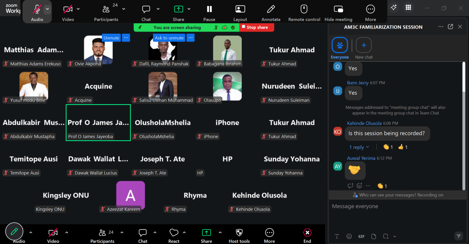 Screenshots from the AM3C Cohort 1 familiarization session held on Zoom, 6 April 2026